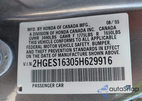 2005 Honda Civic Vp from USA, damaged, VIN 2HGES16305H629916